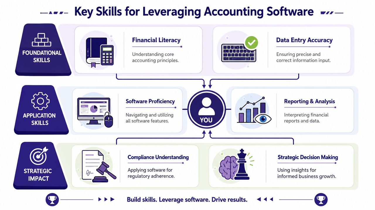 A diagram outlining key skills for leveraging accounting software, categorized into foundational, application, and strategic impact skills.