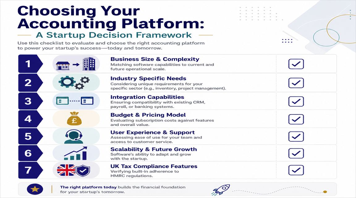A seven-step checklist infographic for choosing an accounting platform to support startup business growth and compliance.