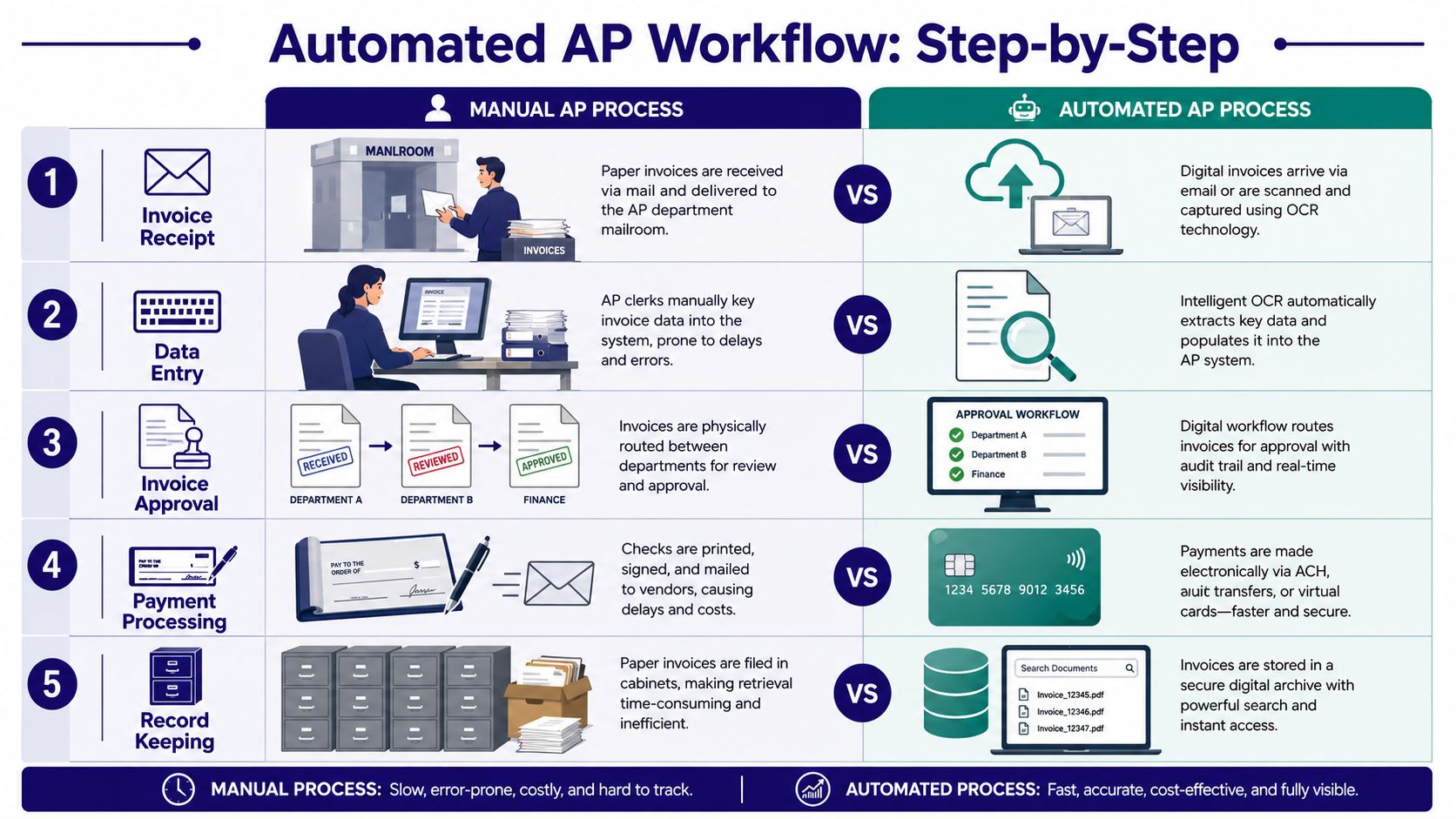 A comparison chart showing the differences between a manual accounts payable workflow and an automated AP process.