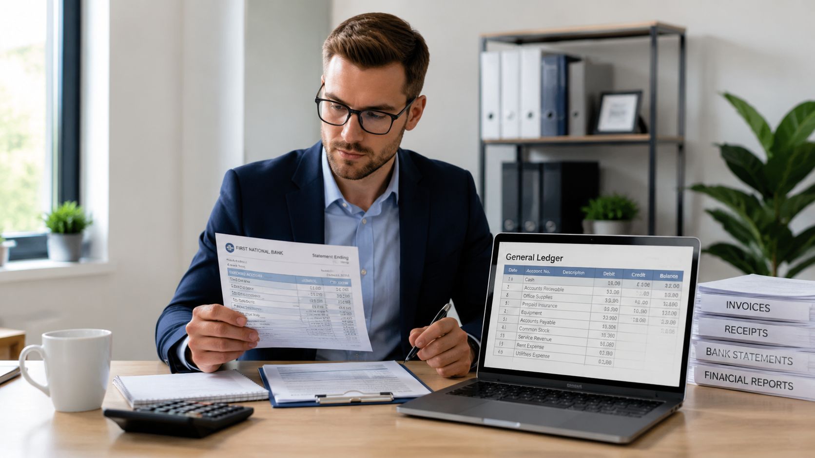 A professional accountant reviewing financial documents and checking data against a digital general ledger on a laptop.