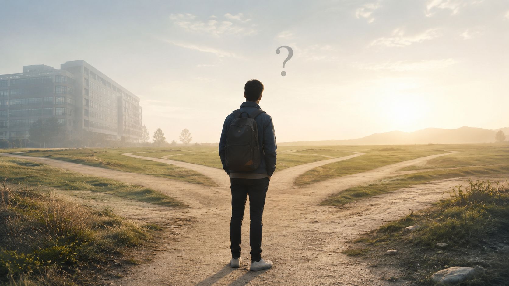 A student standing at a crossroads in a field, contemplating their future path with a question mark.