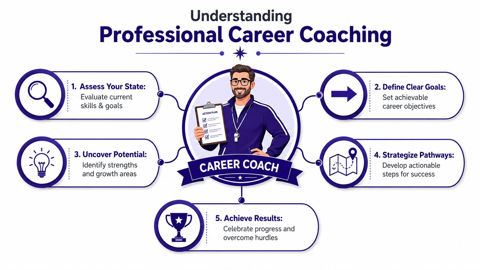 An infographic titled Understanding Professional Career Coaching illustrating a five-step process with icons and a central career coach character.