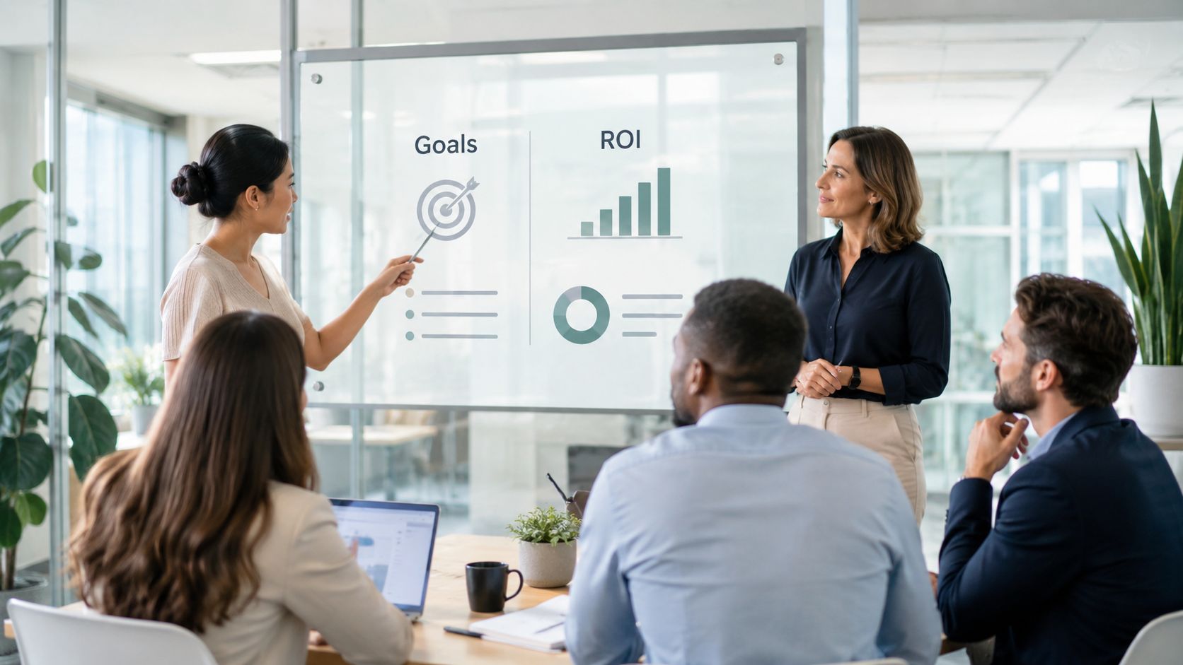 A professional woman presenting business goals and ROI data to a diverse team in a bright office.