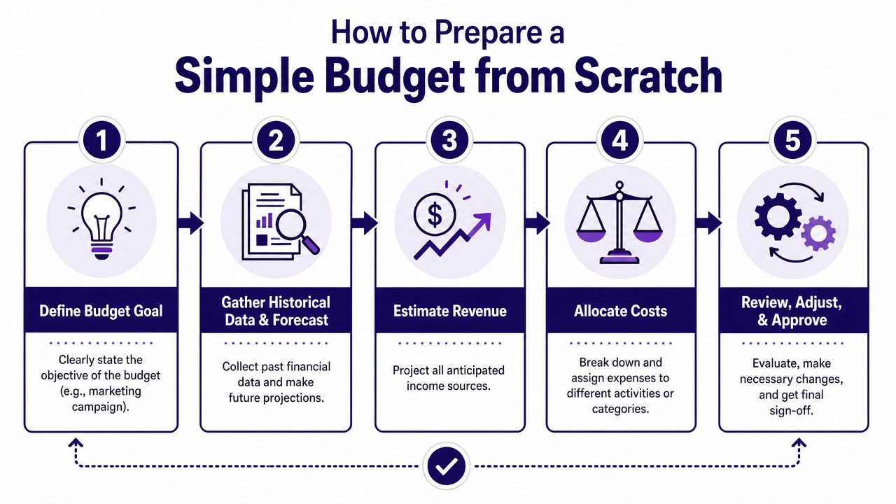 A step-by-step infographic illustrating five key stages for creating a business budget from scratch.