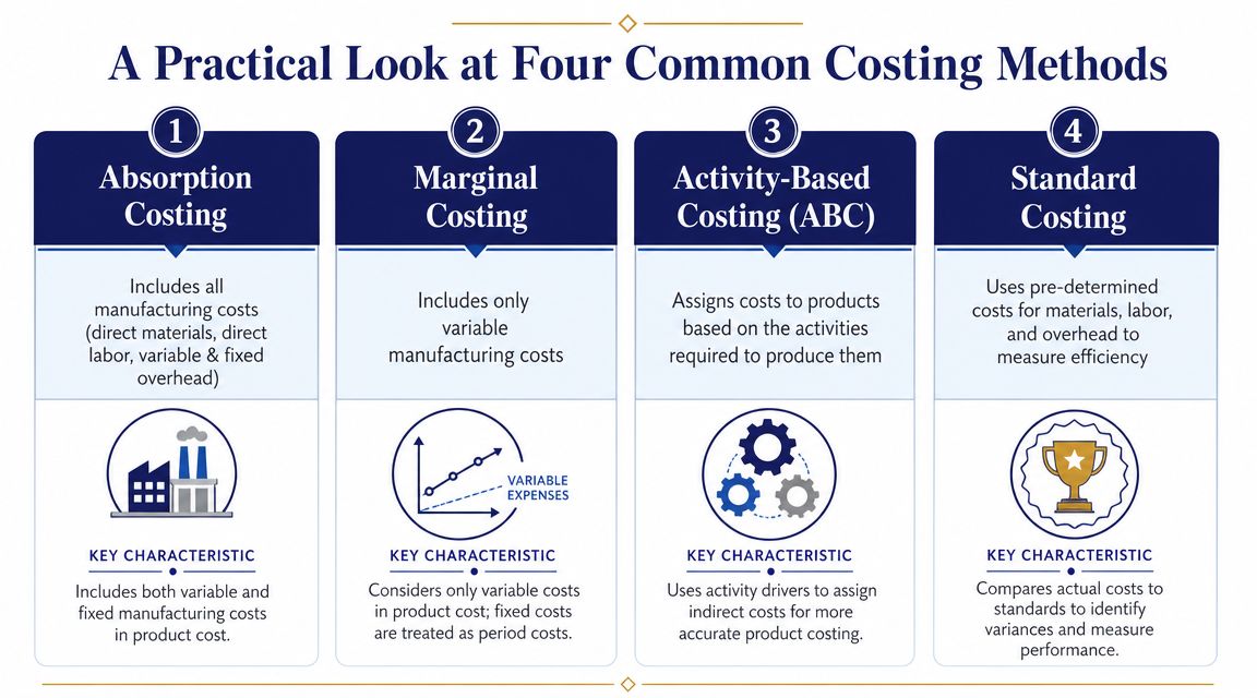 A chart illustrating four common costing methods: absorption, marginal, activity-based, and standard costing with descriptions.