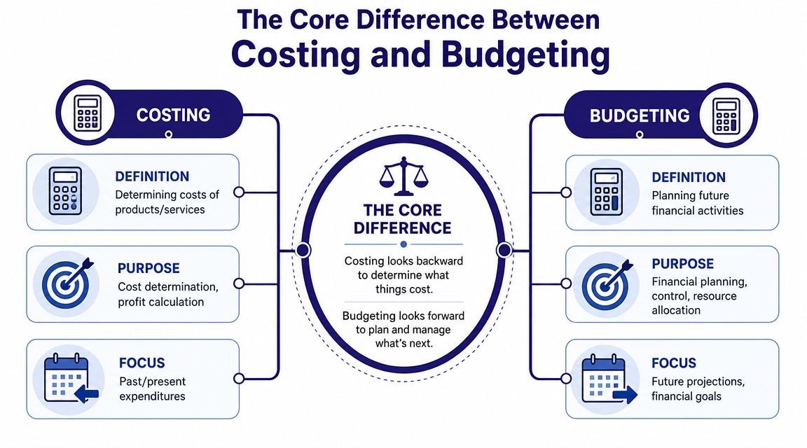 A comparison infographic detailing the core differences between costing and budgeting processes and their financial focuses.
