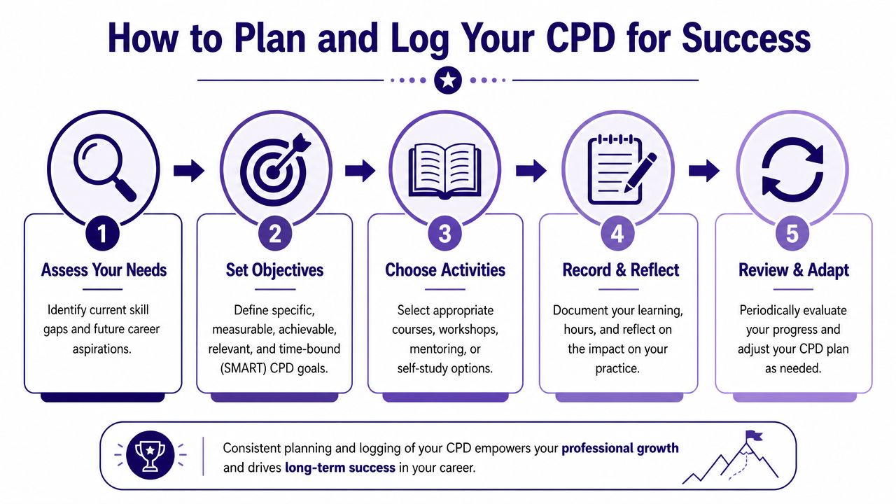 A five-step infographic illustrating how to effectively plan and log your continuing professional development (CPD) for success.