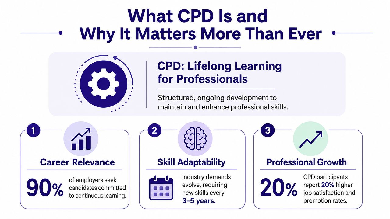 An infographic titled What CPD Is and Why It Matters More Than Ever explaining professional development benefits.