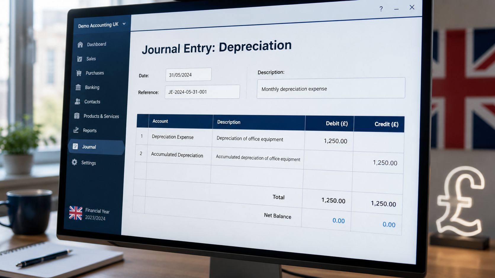 A computer screen displaying an accounting software interface with a journal entry for monthly depreciation expenses.