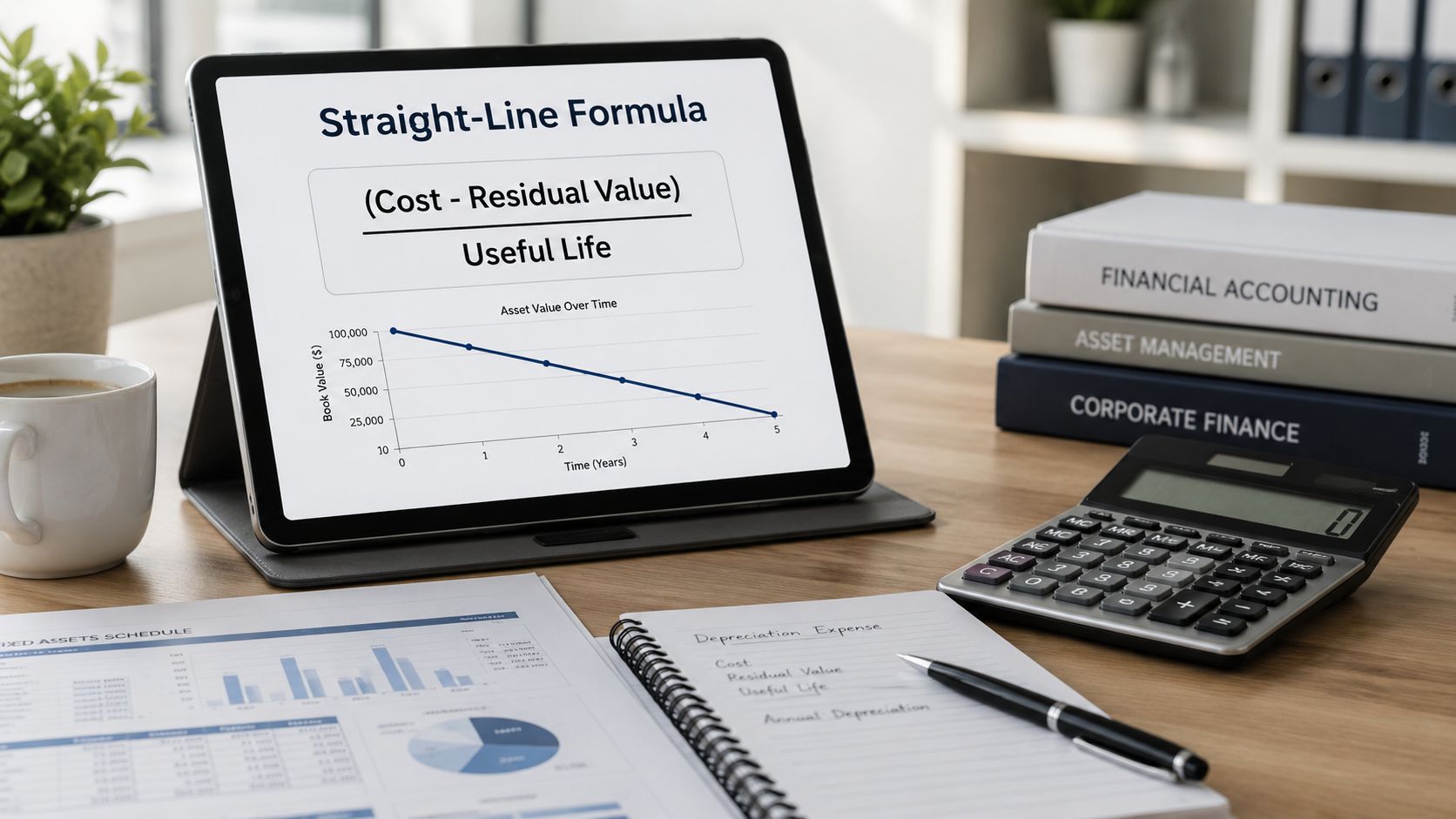 A digital tablet displaying the straight-line depreciation formula and a chart on a desk with accounting tools.