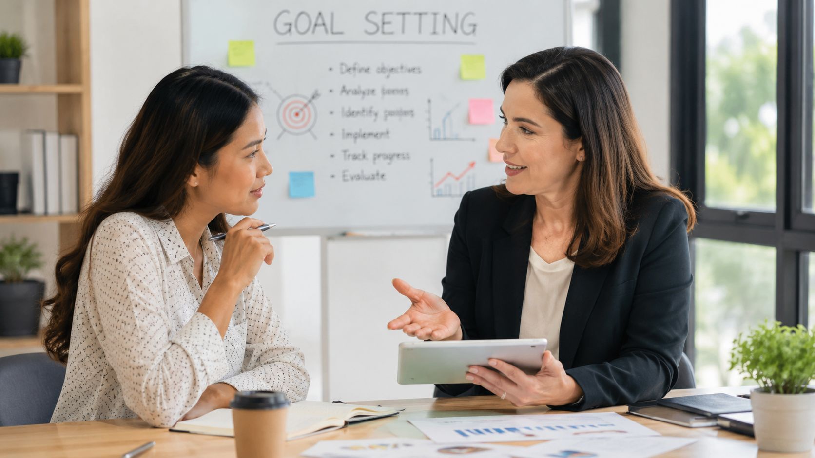 Two professional business women having a productive discussion while reviewing data on a digital tablet in office.