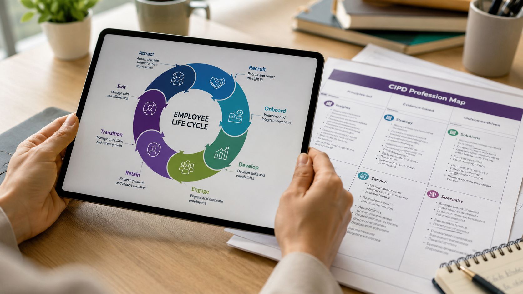 A person holding a tablet displaying an employee life cycle infographic next to a CIPD profession map.