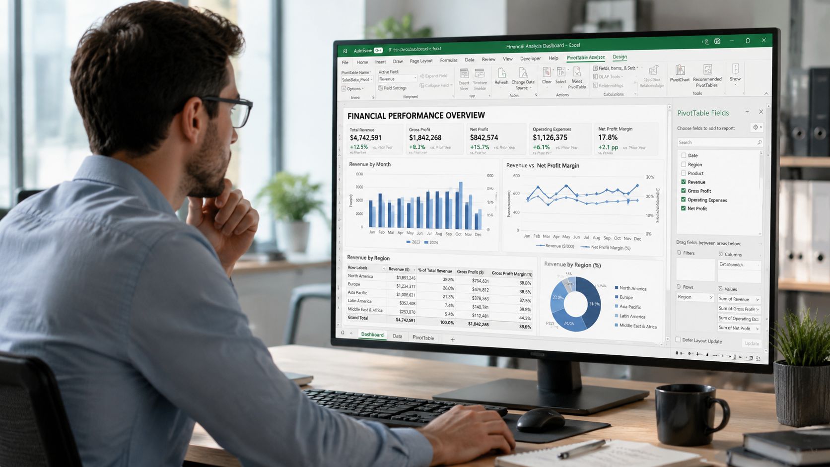 A professional analyzing a financial performance dashboard displayed on a large computer monitor in an office.