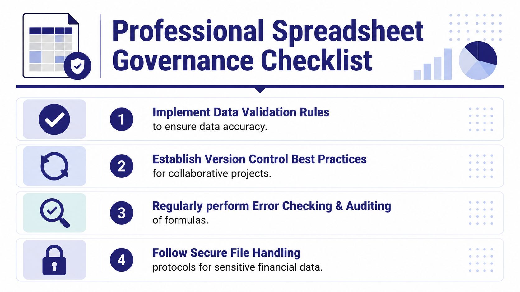 A professional infographic titled Spreadsheet Governance Checklist listing four essential steps for effective data management practices.