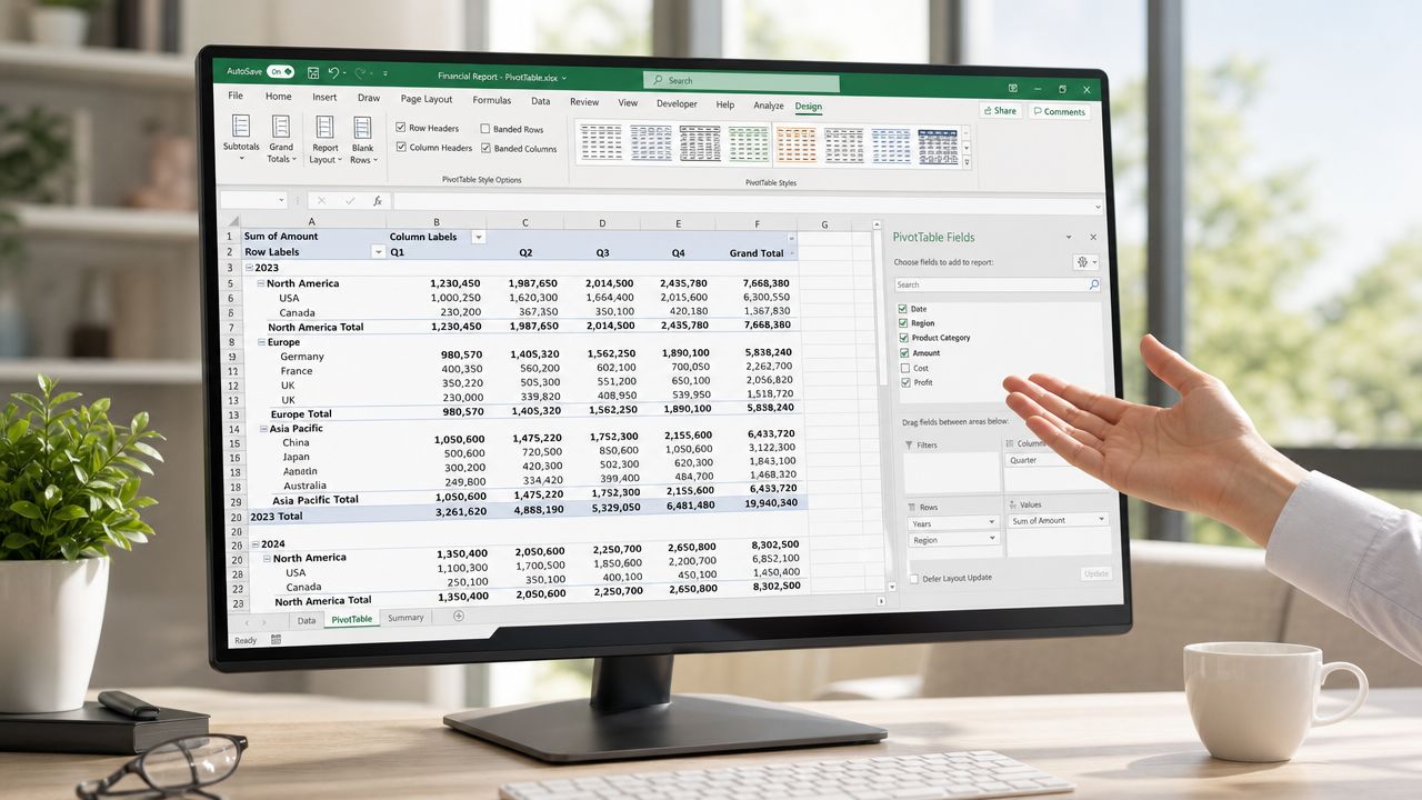 A professional desktop monitor displaying an Excel pivot table with financial data analysis.