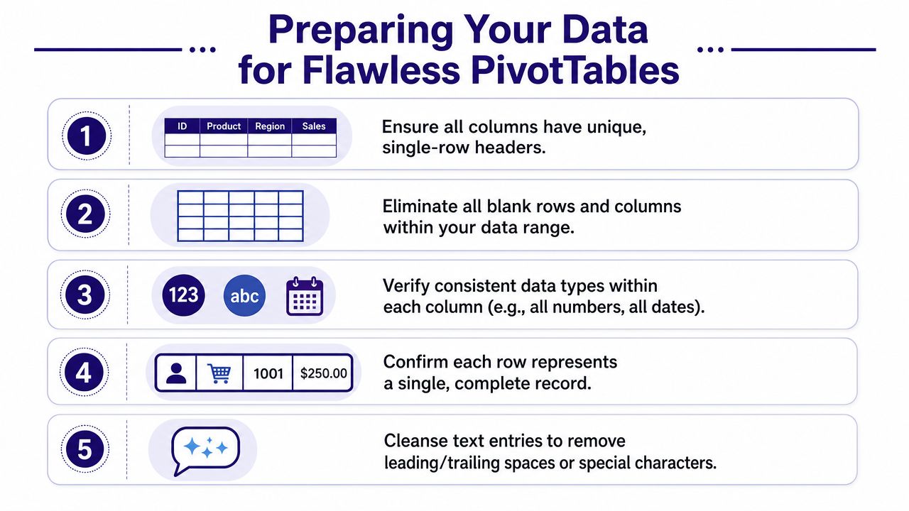 An infographic showing five essential steps to prepare data for creating accurate Excel pivot tables.