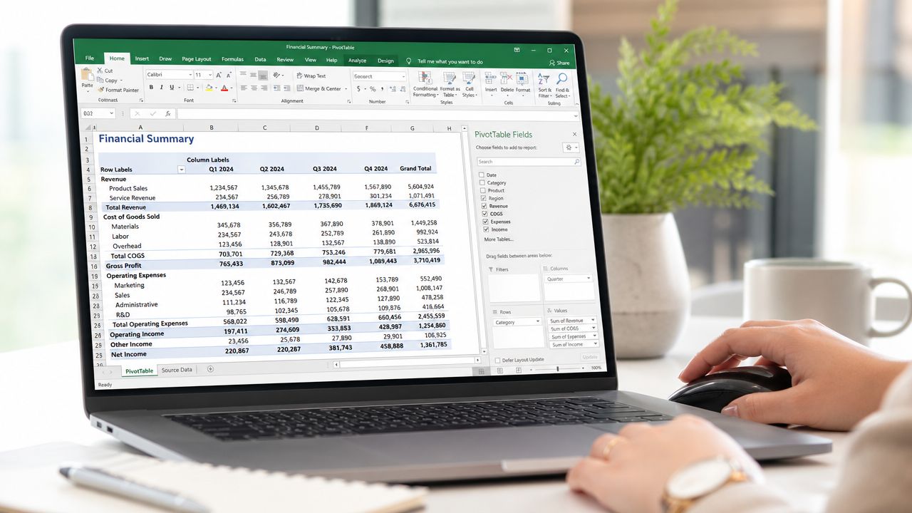 A laptop screen displaying a detailed Excel pivot table financial report with a user working nearby.