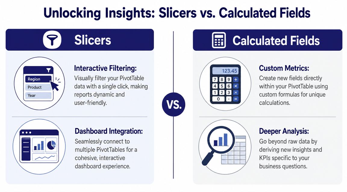 A comparison infographic showing the differences between Excel Slicers for interactive filtering and Calculated Fields for custom metrics.