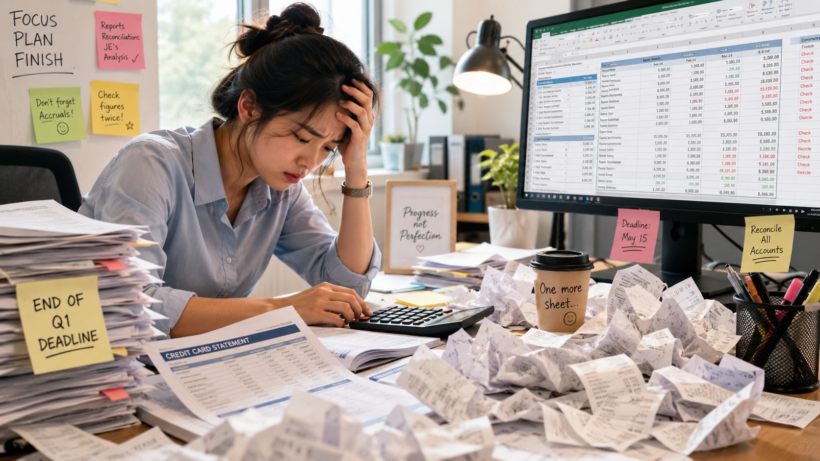 Stressed accountant sitting at a cluttered desk working on financial documents and a computer monitor.