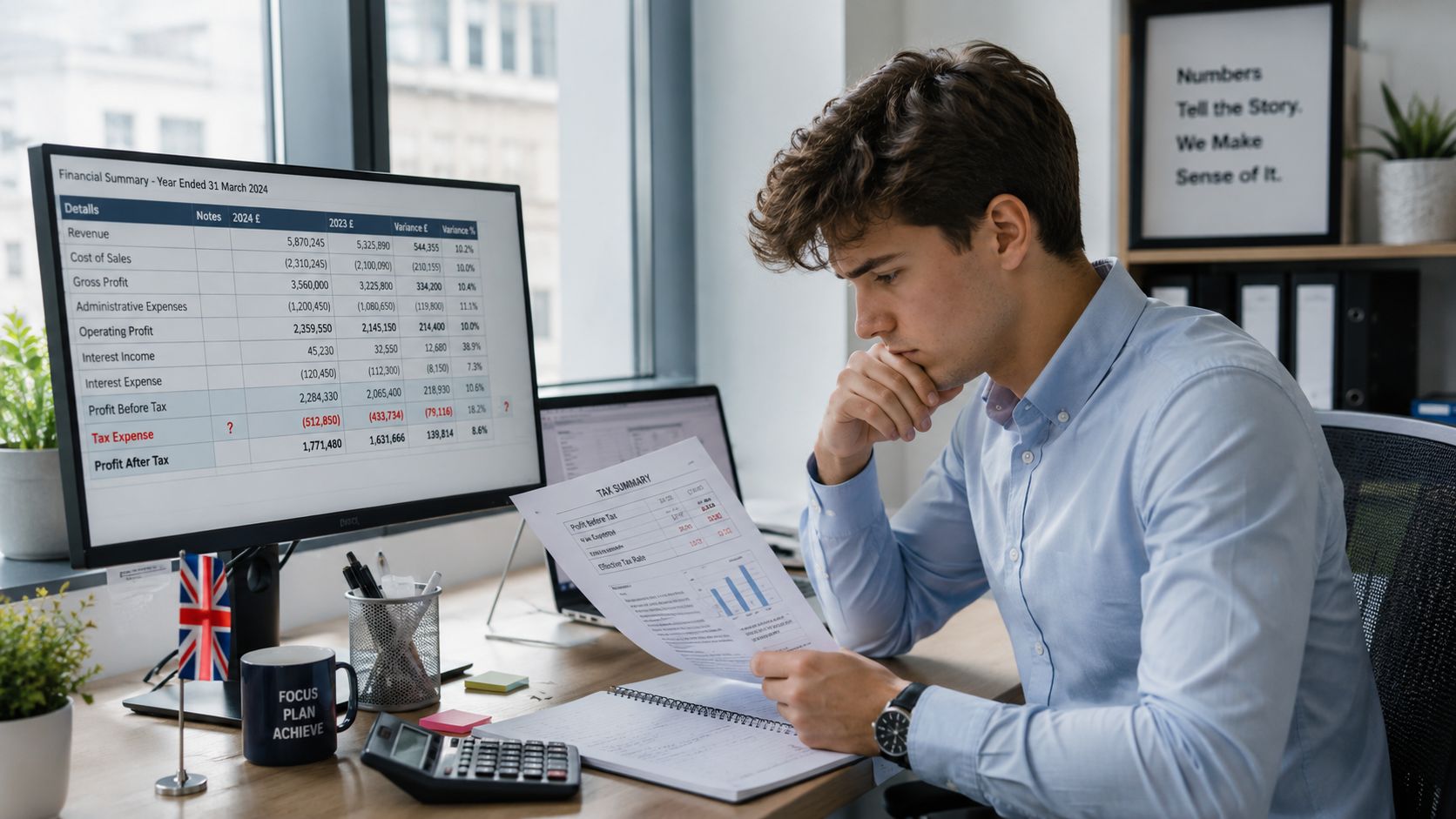 A focused professional analyzing financial spreadsheets and tax documents on a computer screen at his workspace.