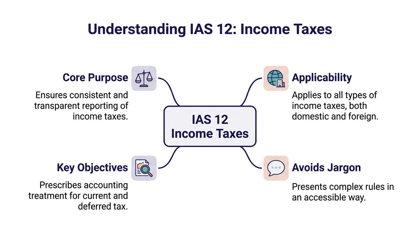 A diagram illustrating the core purpose, applicability, key objectives, and benefits of IAS 12 income taxes standards.