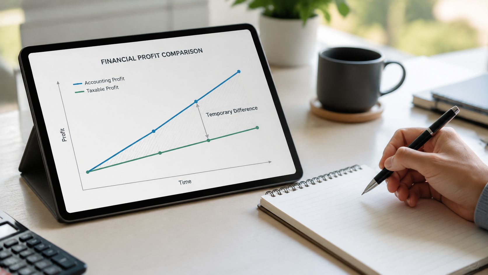 A digital tablet displaying a graph comparing accounting profit and taxable profit with a highlighted temporary difference.