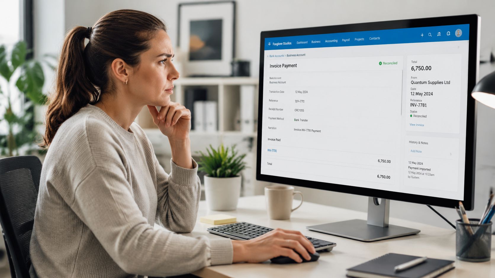 A woman looks at her computer screen showing an invoice payment software interface while working in an office.