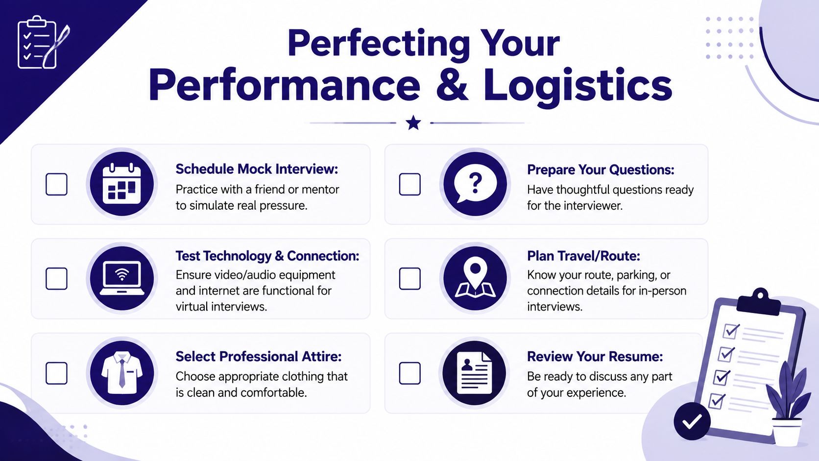 An infographic checklist for job interview preparation including mock interviews, technology tests, attire, questions, travel, and resume reviews.