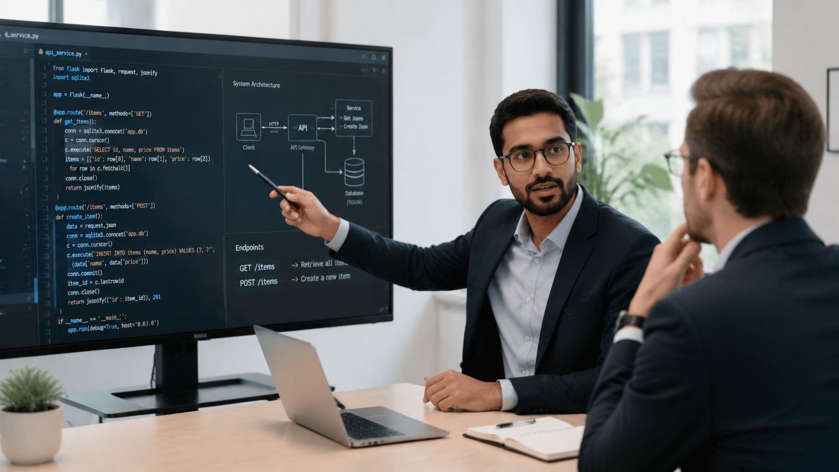 A professional developer explaining system architecture code and API logic to a colleague in an office setting.