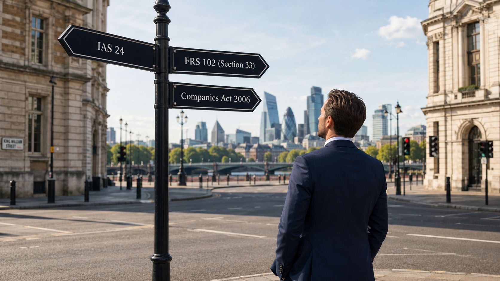 A professional man in a business suit looking at a signpost showing corporate regulation compliance terms.