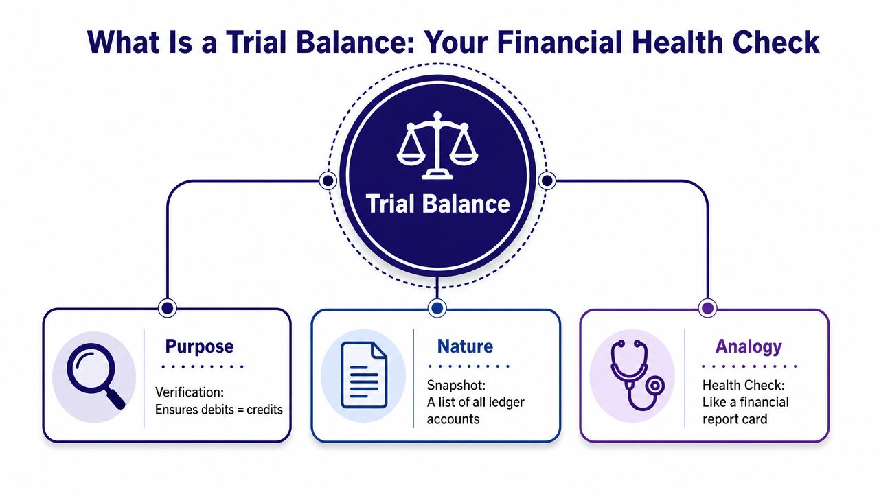 An infographic explaining the definition, purpose, nature, and analogy of a trial balance in accounting.