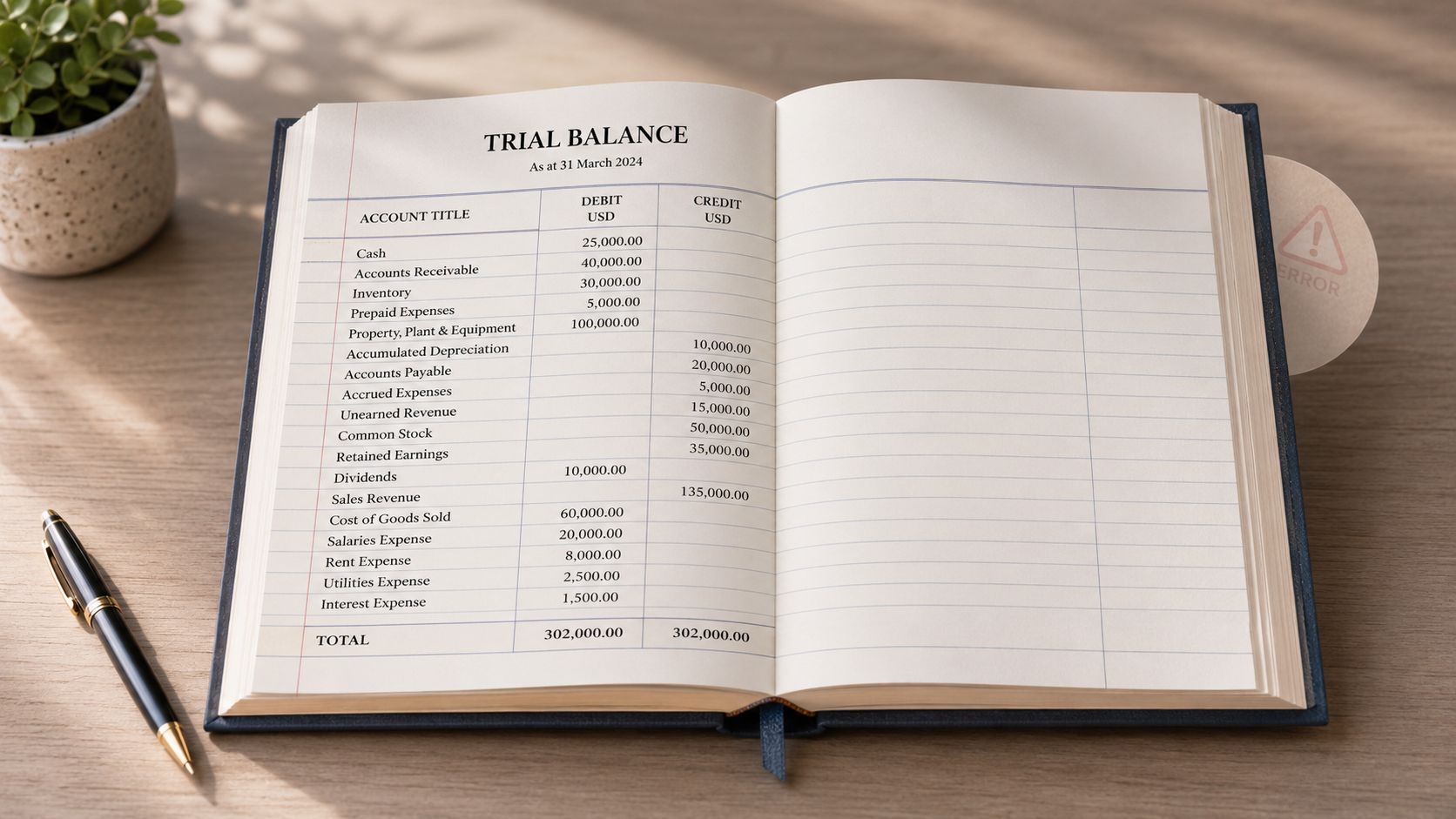 An open notebook showing a financial trial balance sheet on a wooden desk with a pen.