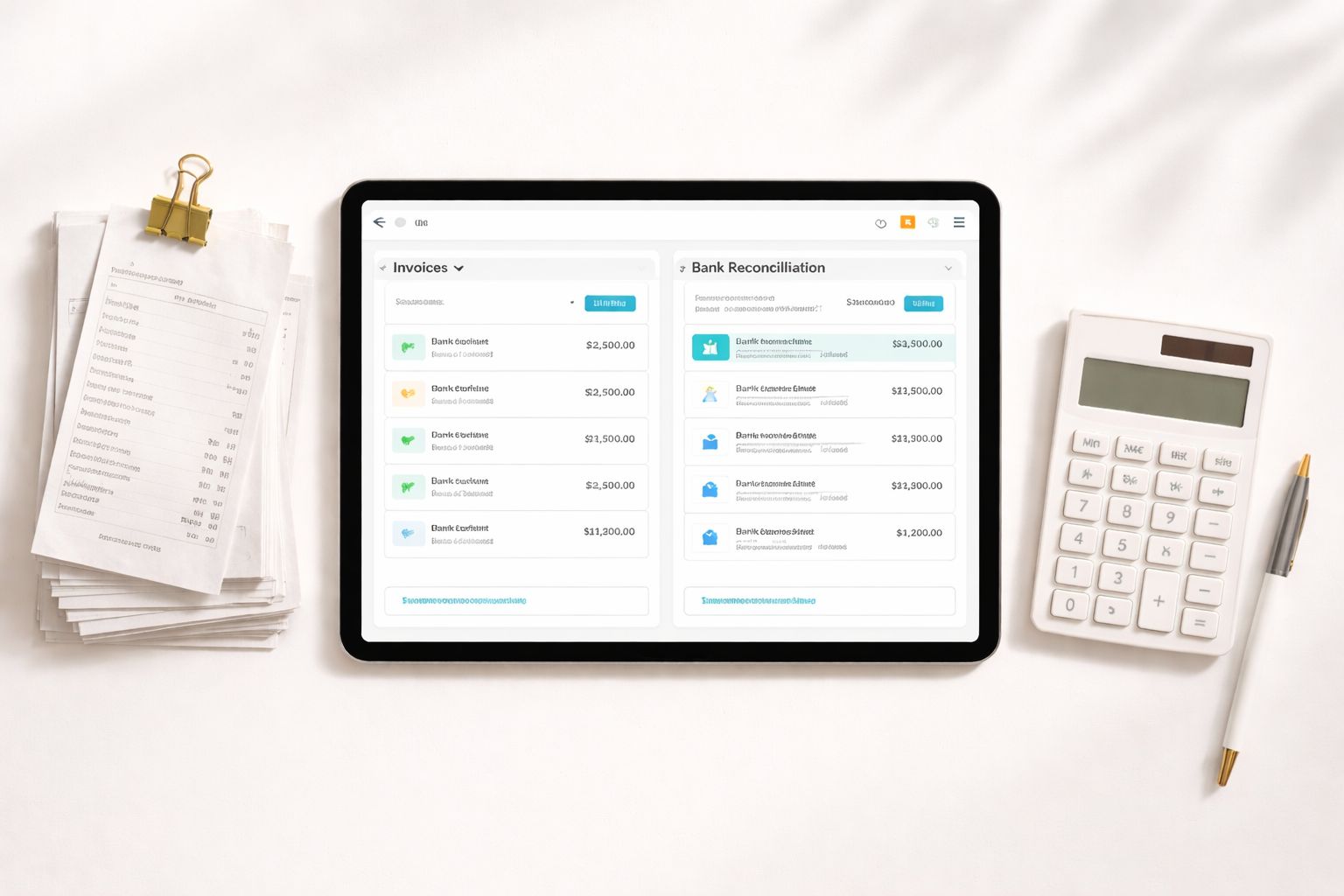 A digital tablet displaying accounting software, surrounded by physical financial documents, a calculator, and a pen.