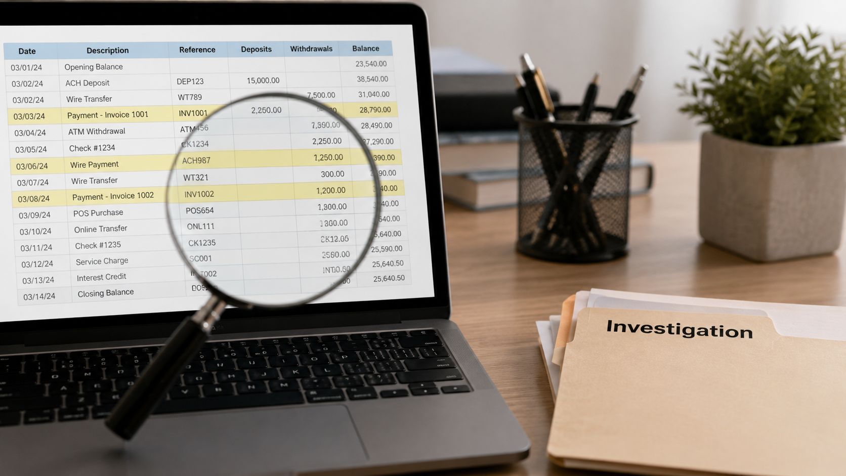 A magnifying glass placed over a laptop screen showing a bank transaction ledger during a financial investigation.