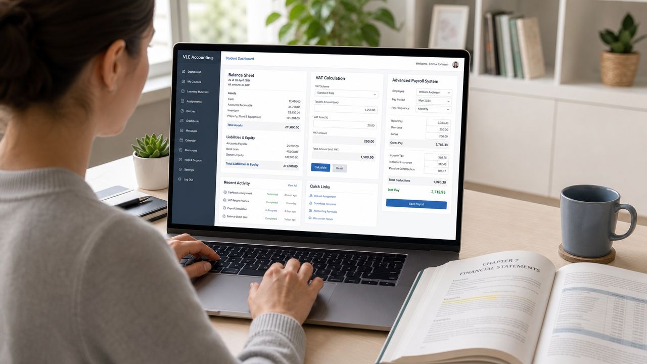 A student working on an accounting platform on a laptop while studying financial statements at a desk.