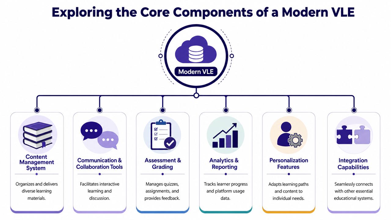 A diagram illustrating the core components of a modern Virtual Learning Environment, including content, communication, and analytics.