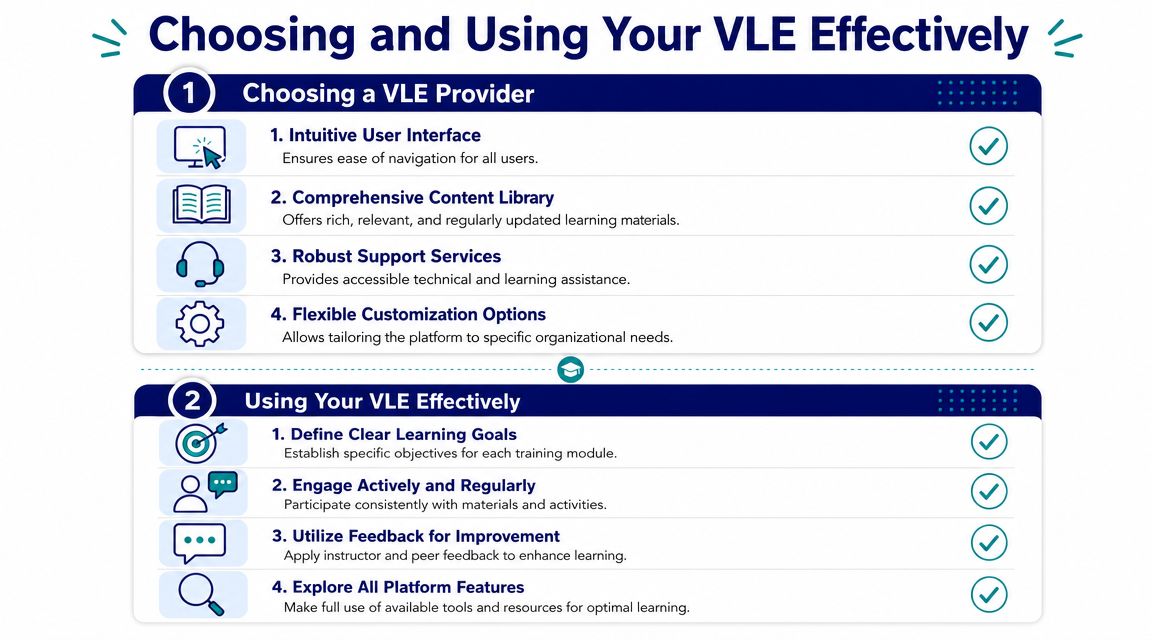 An infographic titled Choosing and Using Your VLE Effectively, highlighting key provider criteria and best usage tips.