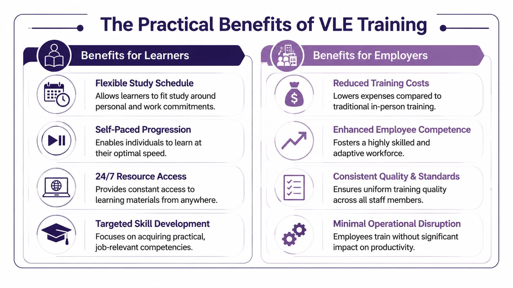 An infographic titled The Practical Benefits of VLE Training outlining key advantages for both learners and employers.