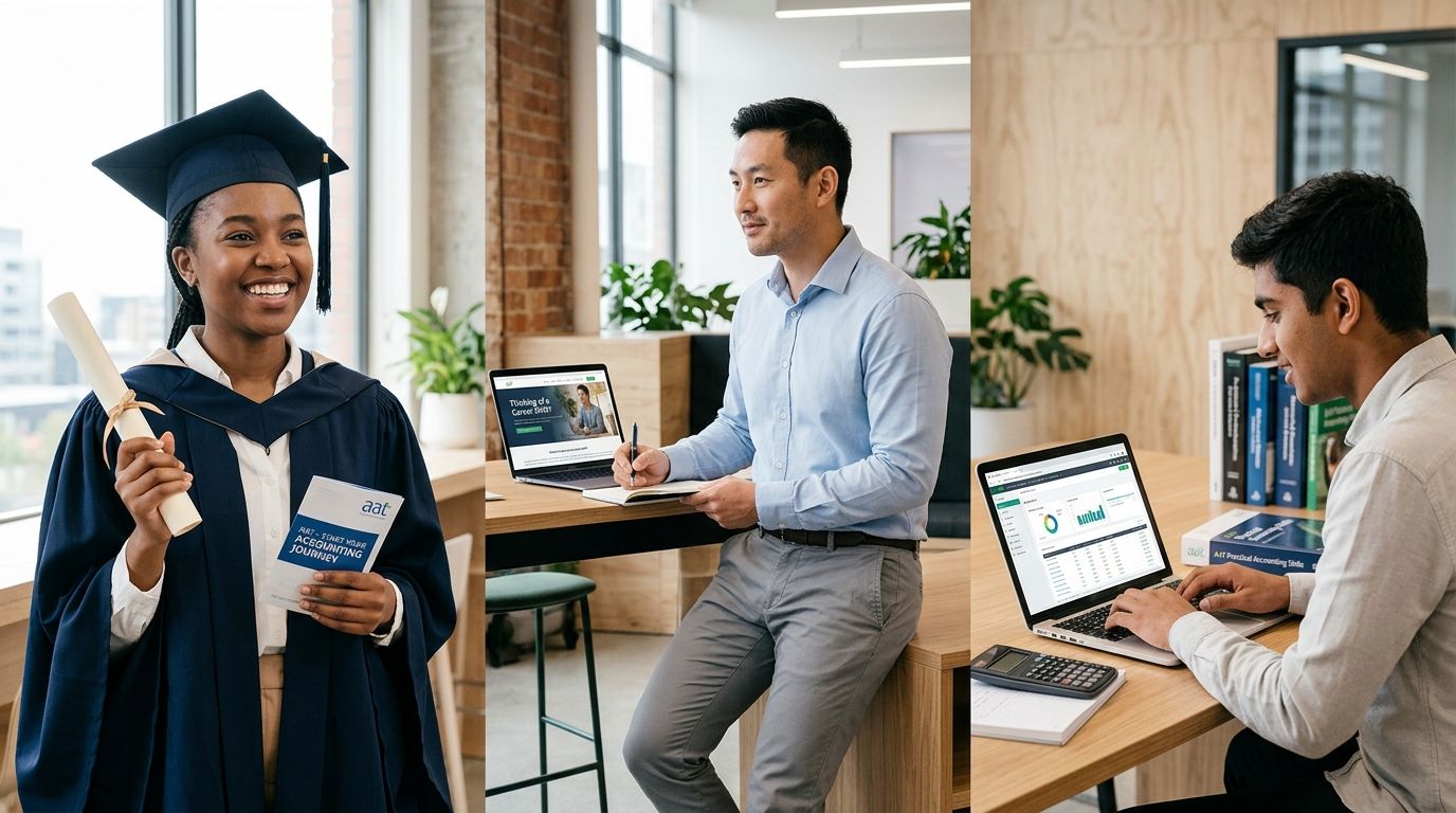 A composition showing a smiling AAT graduate, a professional working at a desk, and a student studying.