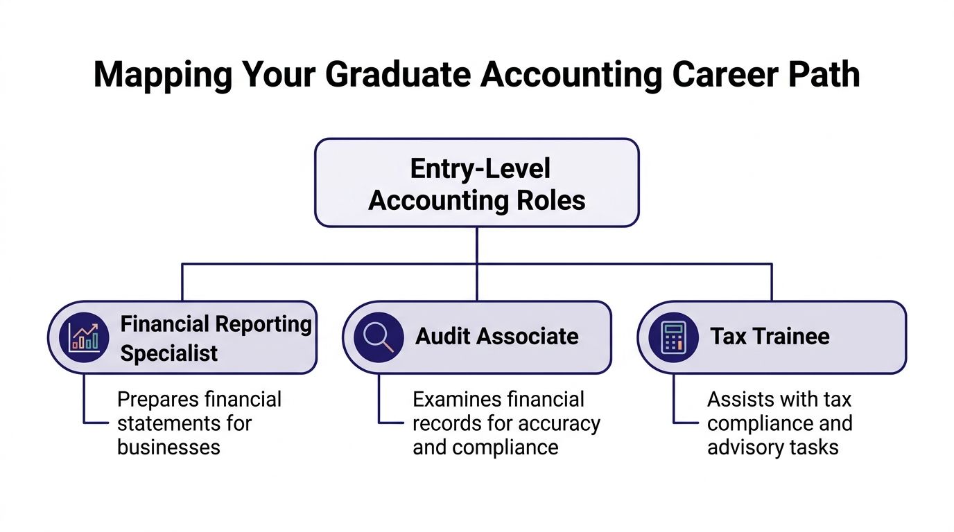 A diagram outlining common entry-level accounting career paths including financial reporting specialist, audit associate, and tax trainee.