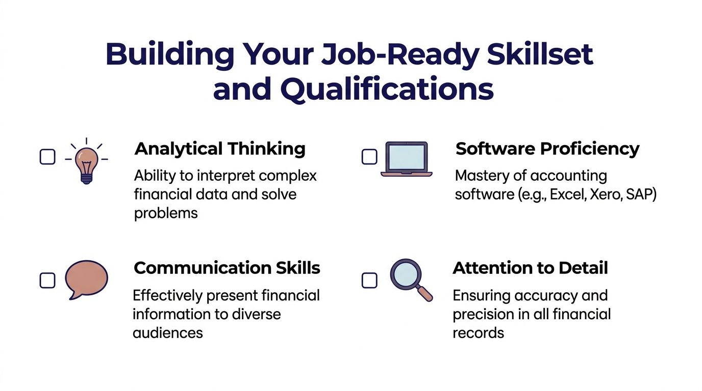 An infographic displaying four essential job-ready skills for accounting graduates including analytical thinking, software proficiency, communication, and detail.