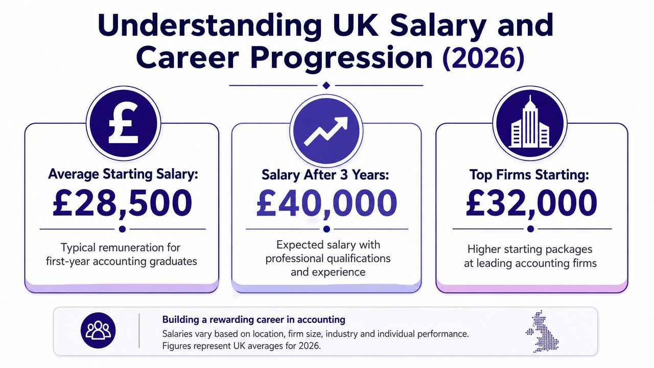 An infographic showing UK accounting salary expectations for 2026, including starting pay and career progression figures.