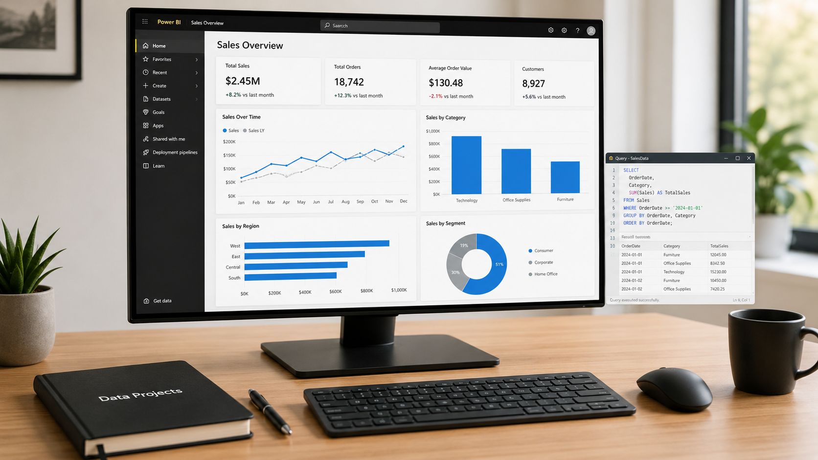 A modern workspace featuring a computer monitor displaying Power BI sales data dashboards and SQL queries.
