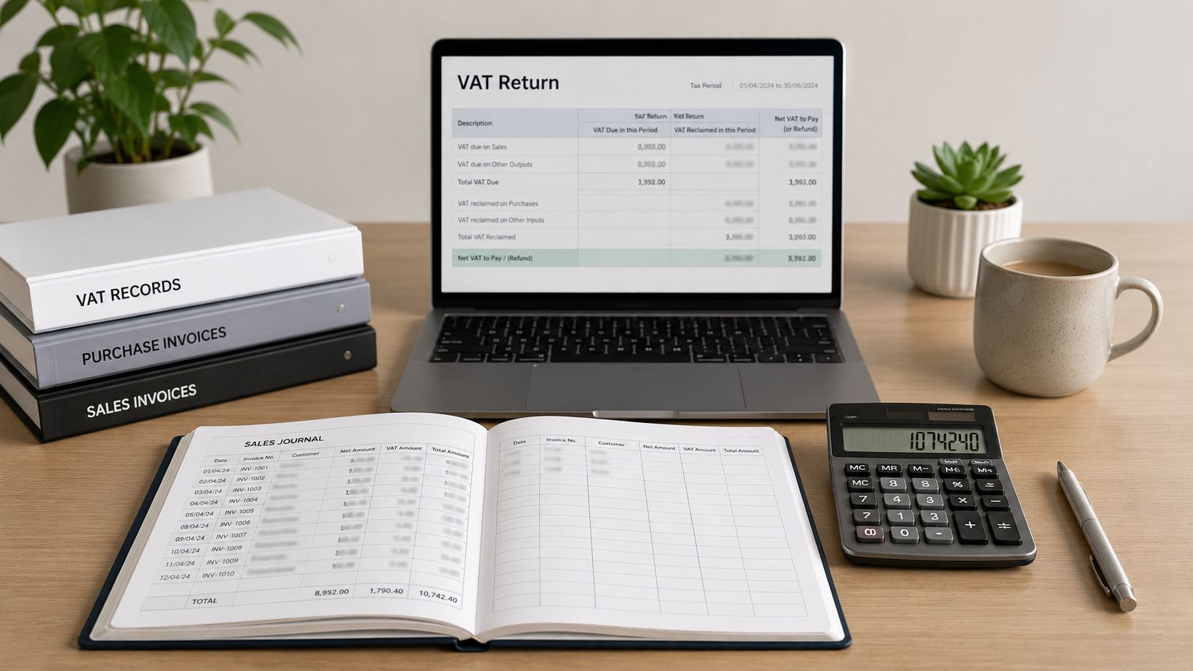 A professional desk workspace featuring a laptop displaying a VAT return form, sales ledger, and calculator.