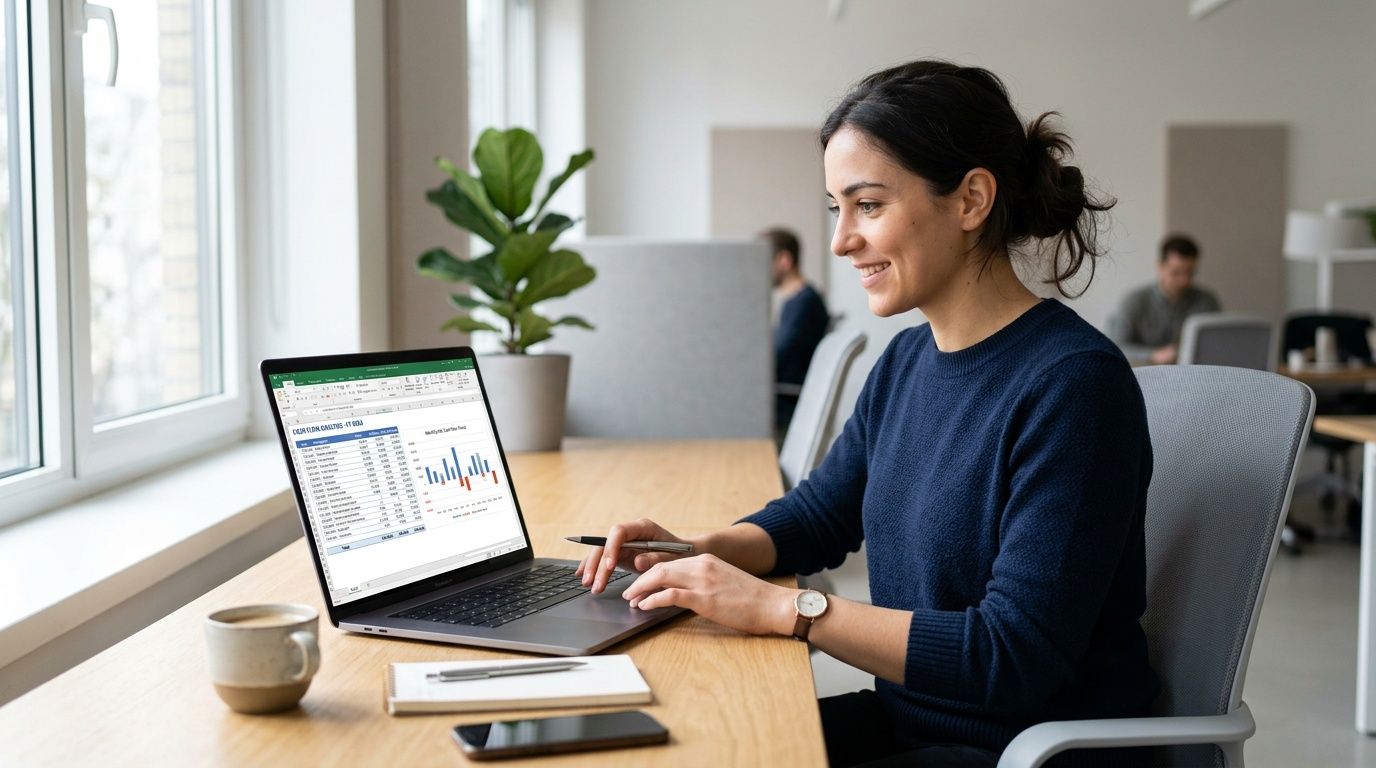 A woman working on a laptop displaying cash flow spreadsheets while sitting in an office.