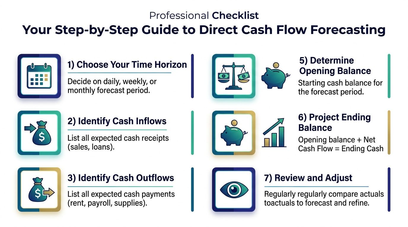 A professional seven-step checklist guide for creating an accurate direct cash flow forecast for business management.