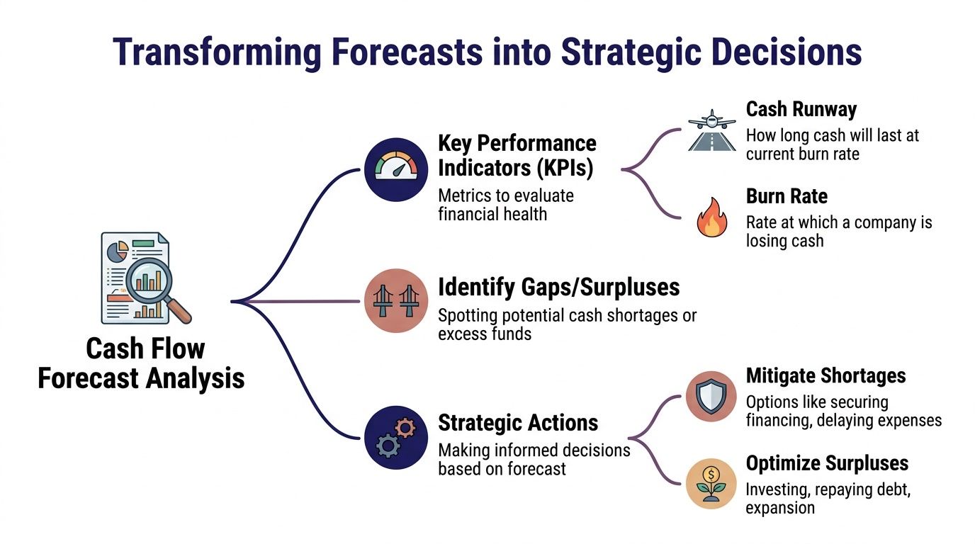 A diagram illustrating how cash flow forecast analysis transforms into strategic decisions through KPIs and actionable insights.