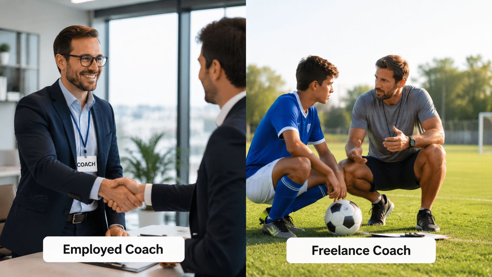 A split image contrasting an employed office-based coach shaking hands and a freelance coach instructing a young soccer player.