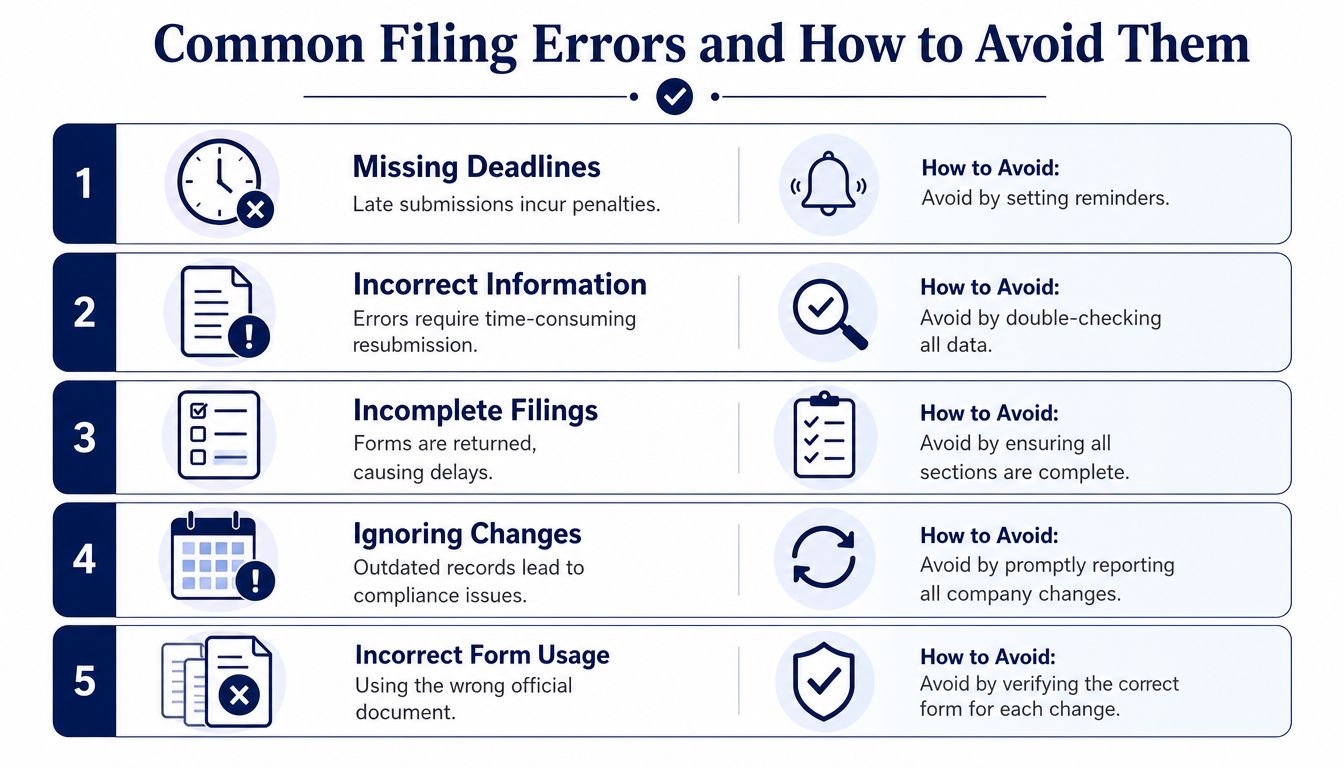 An infographic detailing five common filing errors for businesses and practical tips on how to avoid them.