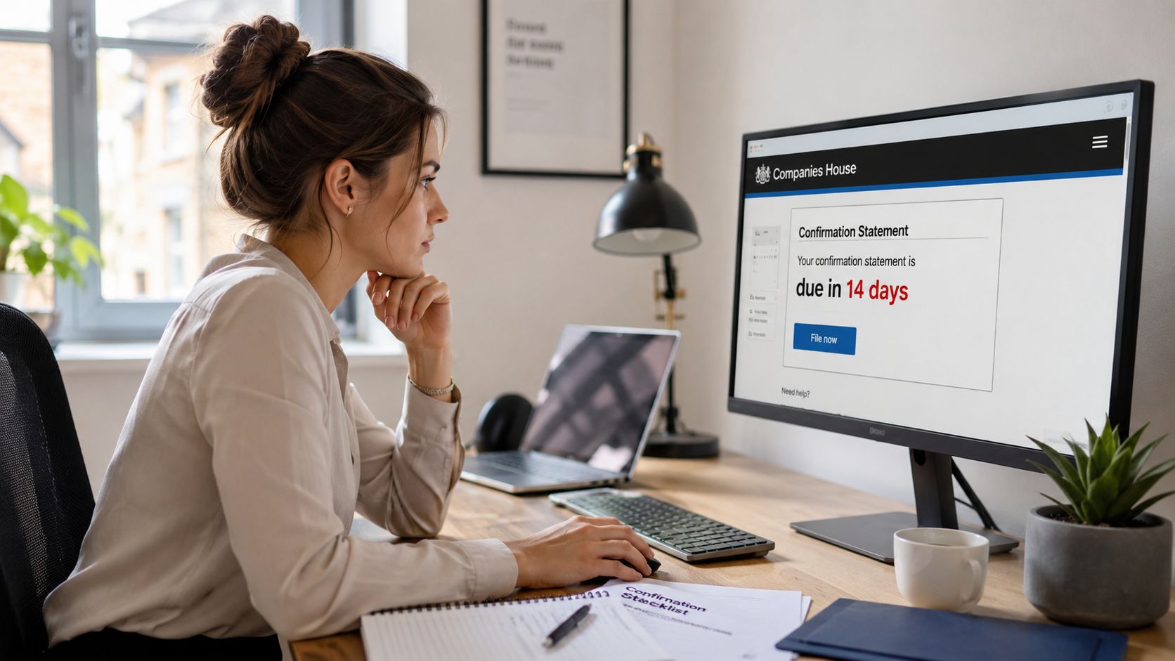 A professional woman sitting at a desk and reviewing her Company House confirmation statement on a computer screen.